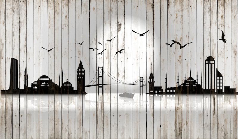 Silhouet van Istanbul op de Houten Muur wallpaper mural