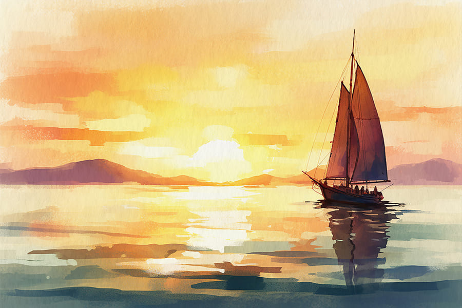 Aquarel Zeilboot Zonsondergang wallpaper mural