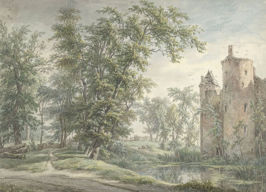 Boslandschap met Kasteelruïne wallpaper mural
