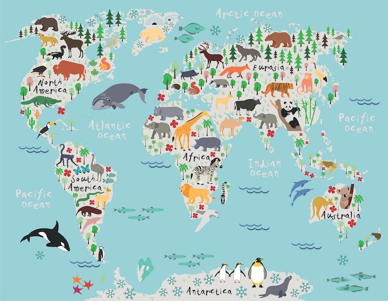 Verdeling van de Wereldkaart van Dieren wallpaper mural