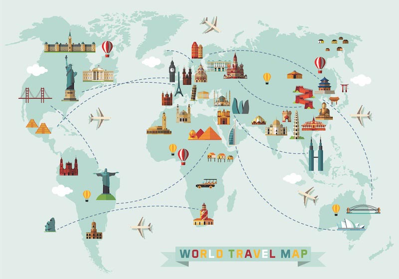 Kaart Rond de Wereld in een Luchtballon wallpaper mural