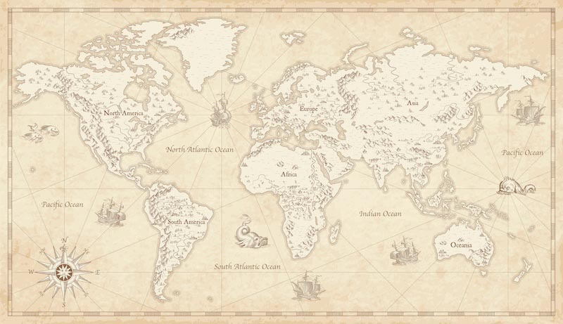 Oude Wereldkaart met Continenten wallpaper mural