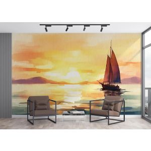Aquarel Zeilboot Zonsondergang