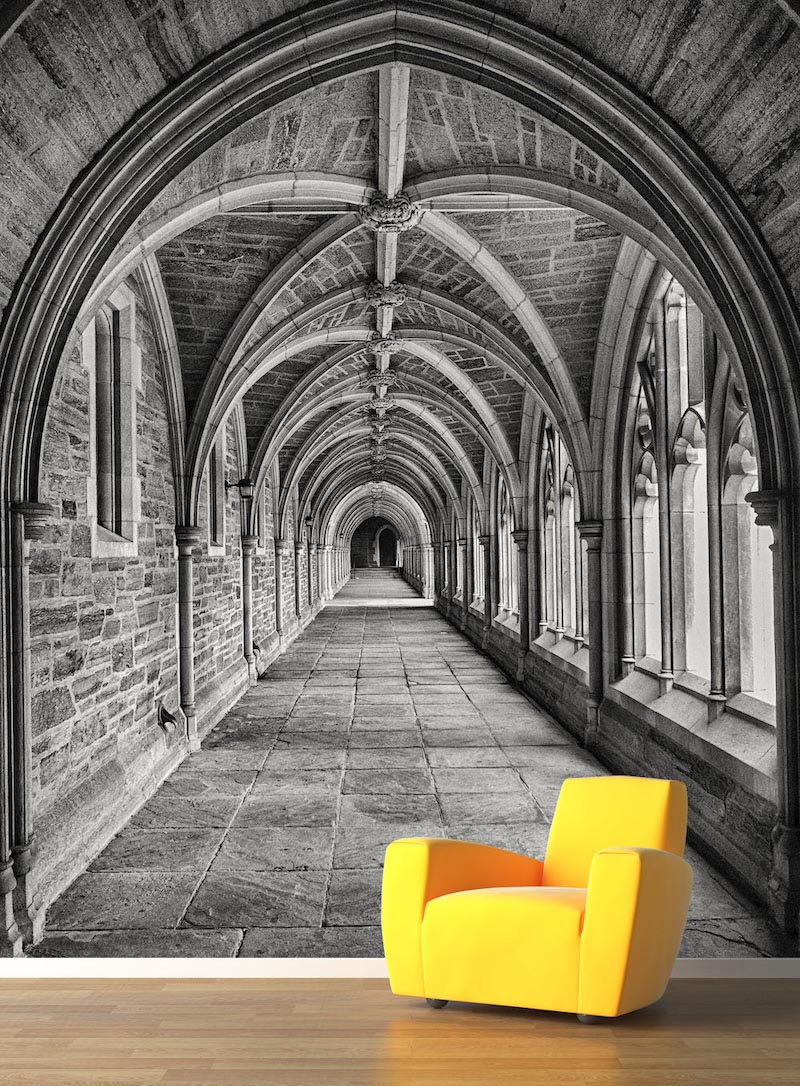 Gebouwenstraat in Zwart-Wit - Muurbehang toegepast