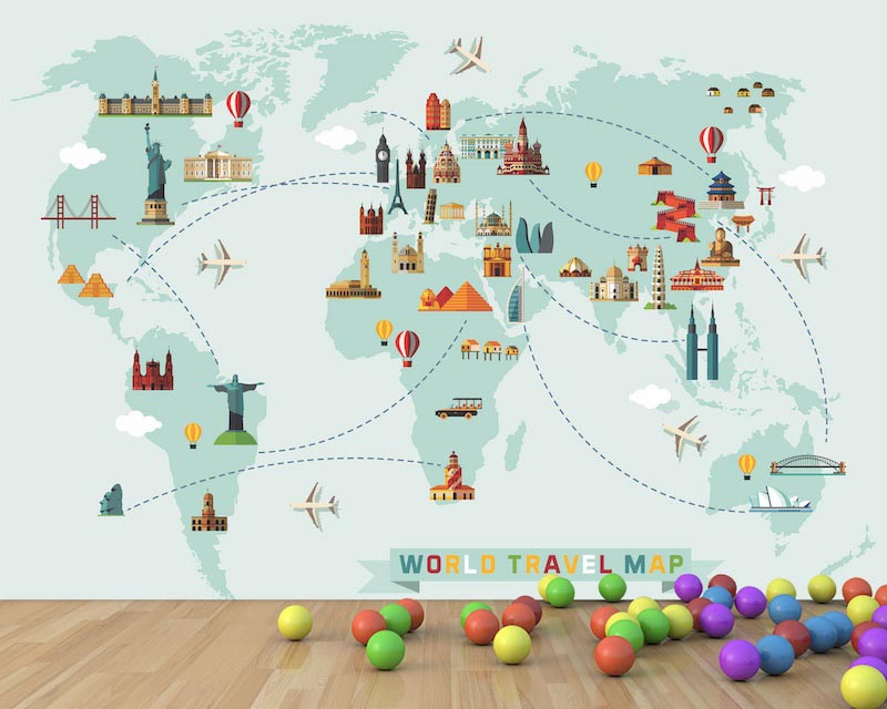 Kaart Rond de Wereld in Luchtballon - Fotobehangdecor toegepast
