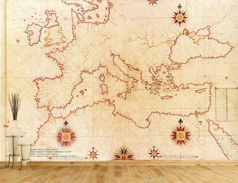 Piri Reis Kaart van de 16e Eeuw in Europa - Muurbehang toegepast