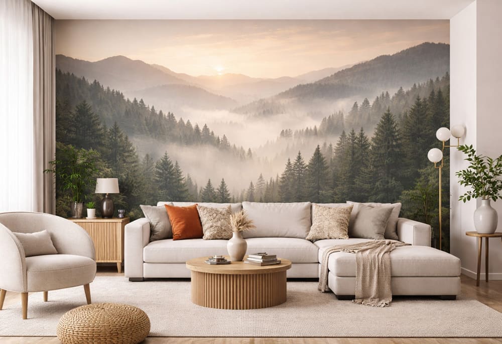 3D-fotobehang op maat aangebracht op een muur in de woonkamer - behang-kopen.nl