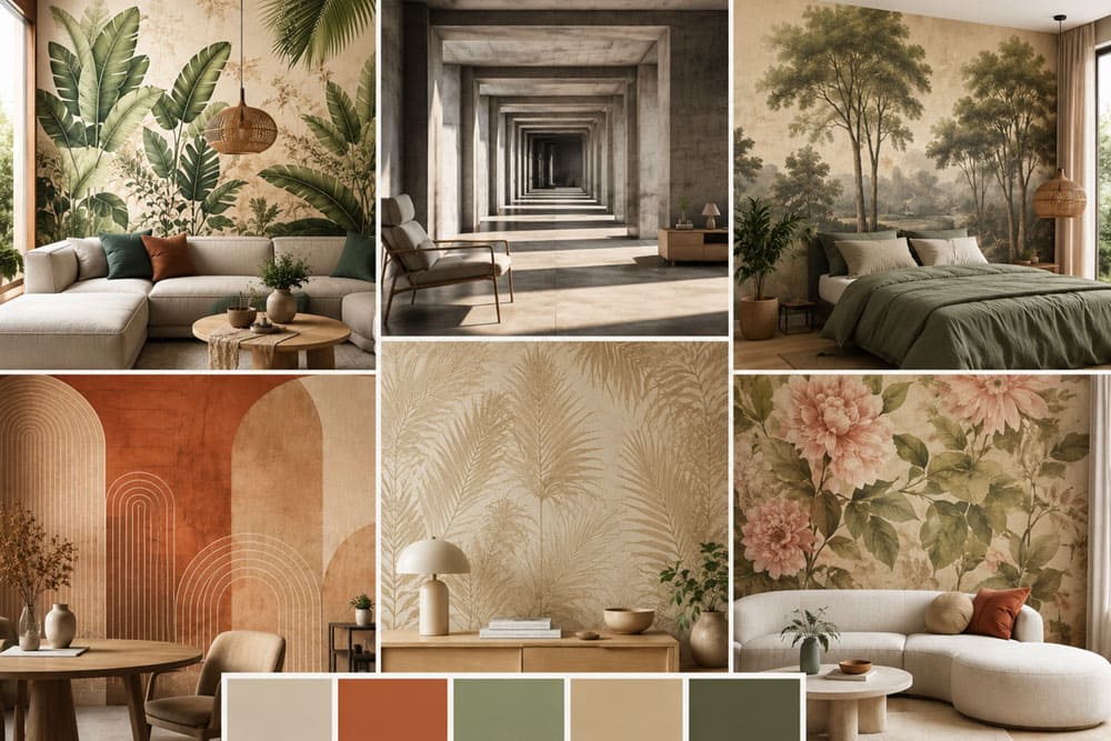 Collage van de nieuwste behangtrends voor 2025-2026, met botanische patronen, 3D-effecten en terracottakleurige paletten