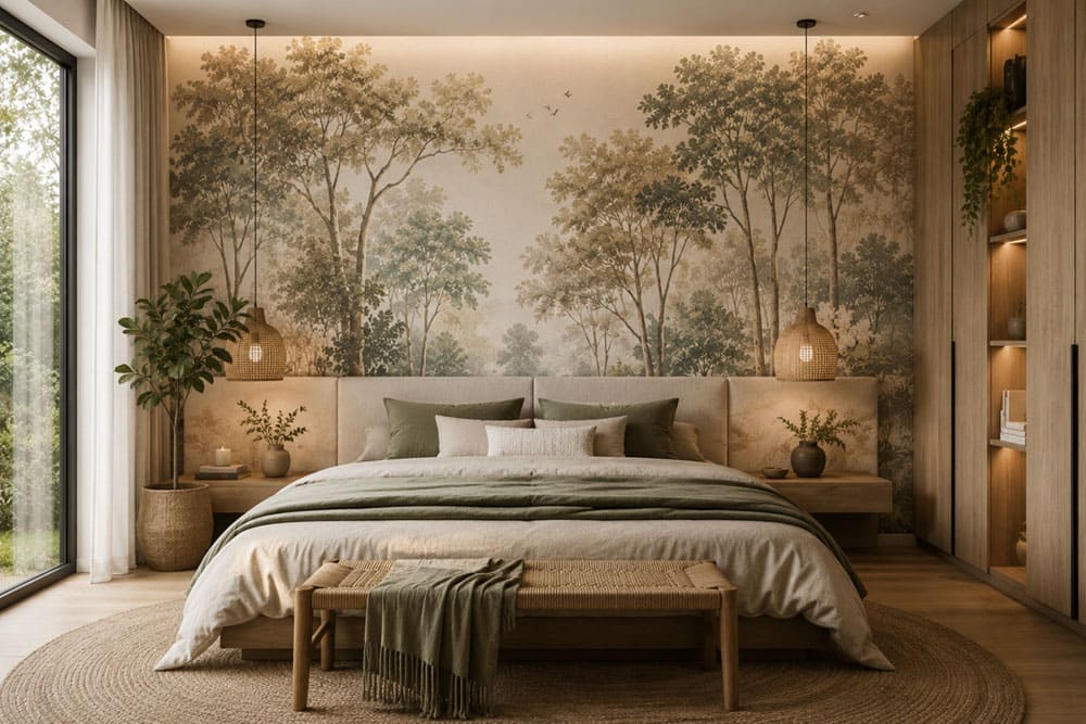 Door de natuur geïnspireerd behang in neutrale tinten op de muur achter een bed, passend bij een belangrijke trend voor 2026