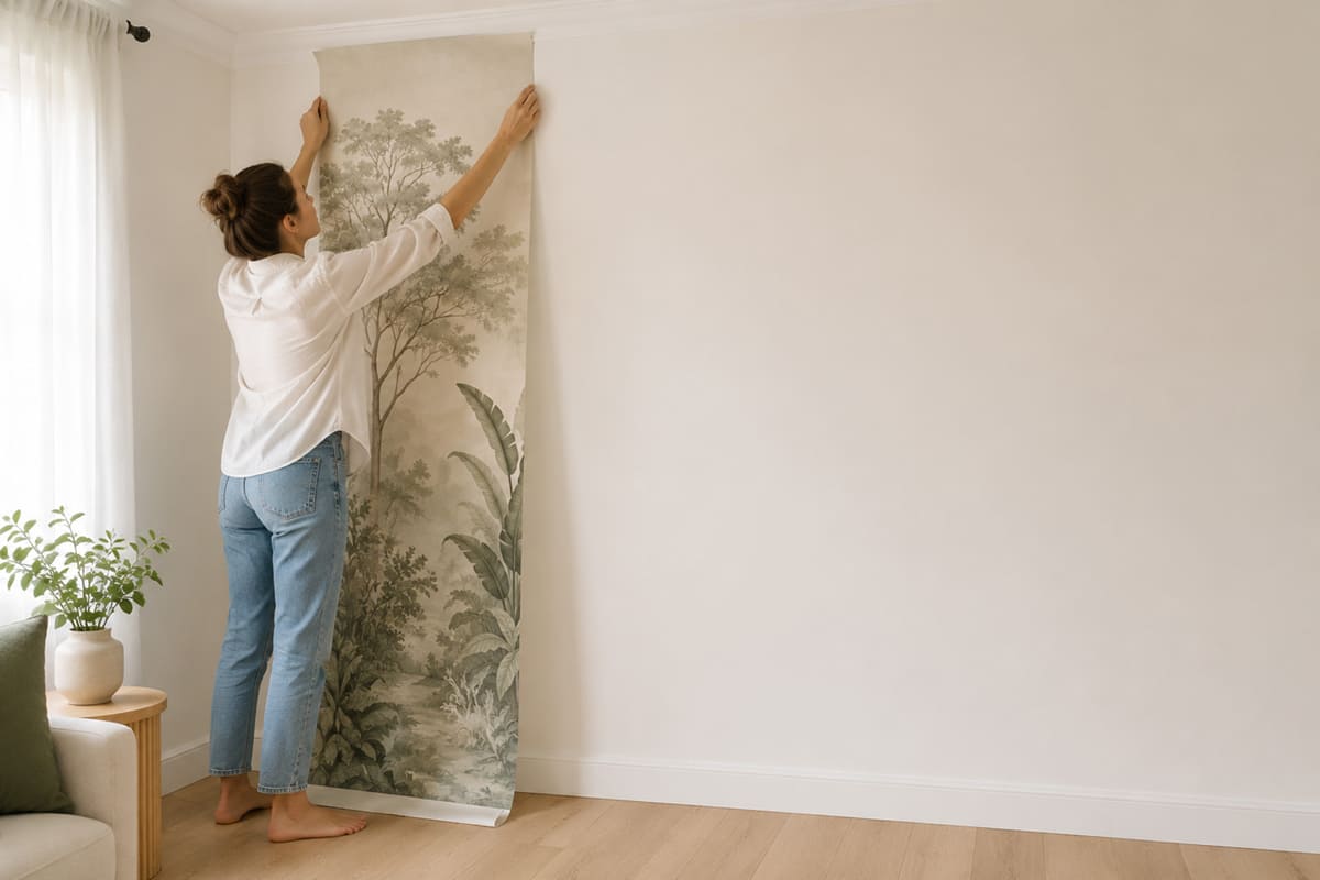De eerste behangbaan op de muur positioneren